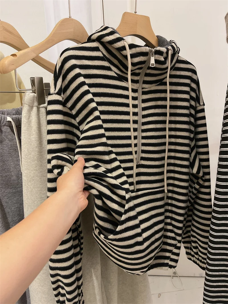 

Американский ретро-худи с капюшоном и полосками, на молнии до середины, женский, зимний, свободный крой, в корейском стиле, универсальный, высокое качество, полиэстер, хлопок