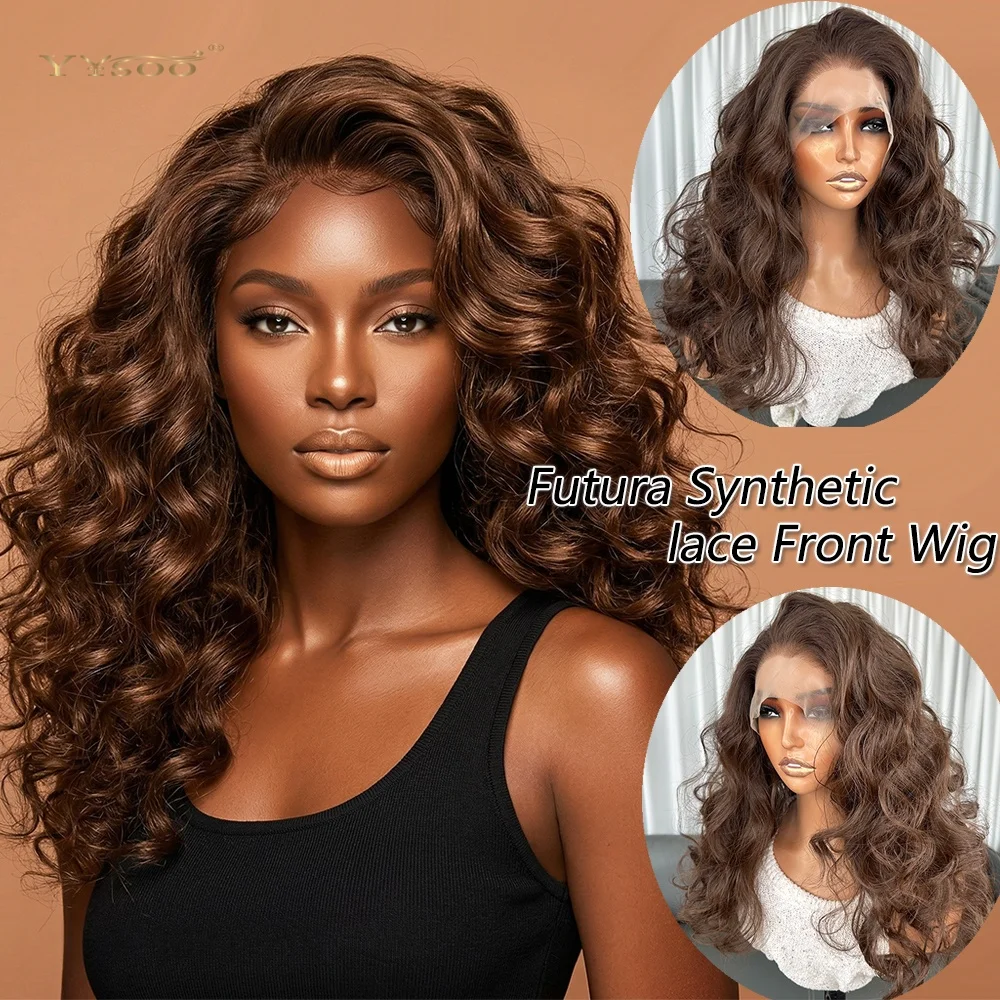 

High Quality Natural Hairline Glueless Heatresistant Futura Fiber Body Wavy Synthetic Lacefron Wigs For Blakc Womens Daily Use