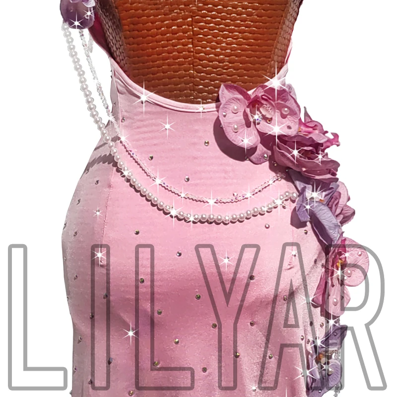 New Latin Dance Competition Performs Adult Girl Pink 3D Flower Pearl Sparkling Diamond Dance Dress