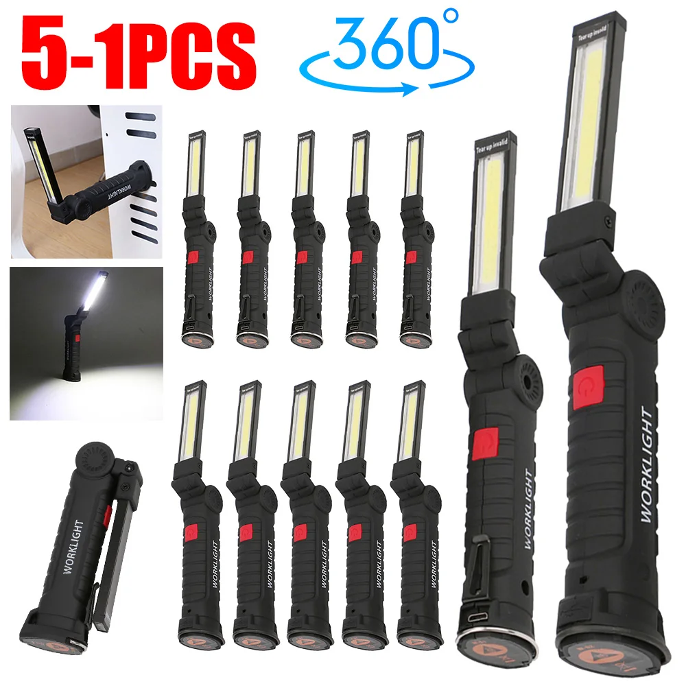 1-5X Rechargeable Work Lights LED Folding Flashlight Magnetic Base COB Light 360°Rotate Car Repair Home Garage Emergency Camping