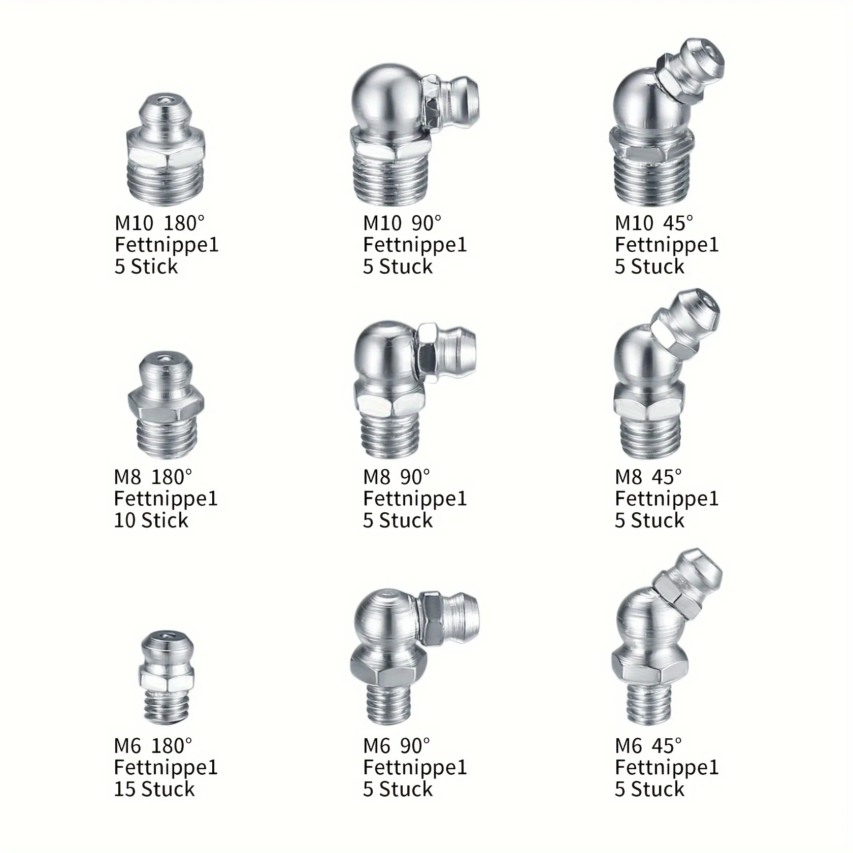 60 pieces of metric grease refueling nozzle kit, straight and angular grease refueling nozzle kit, M6 M8 M10 180 45 90 degree