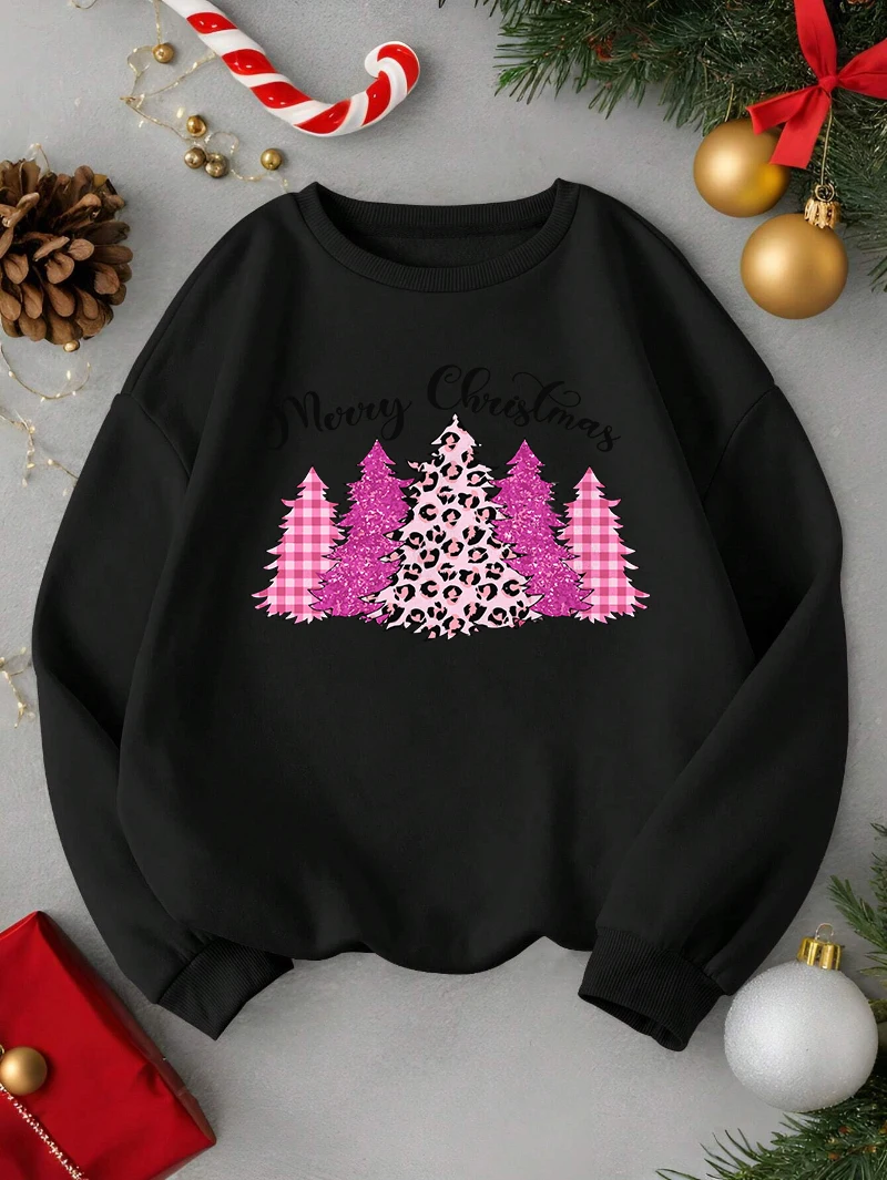 Marry Christmas Sweatshirt Men Pink Trees Printing Black Hoodie Fleece Warm Crewneck Loose Pullover Casual Winter Clothes Man