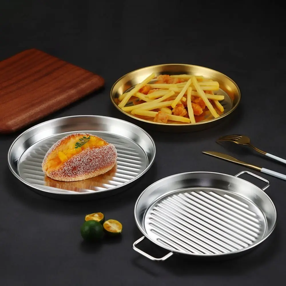 

Stainless Steel Pizza Pan Binaural Handle Stripe Anti-stick Pattern Fried Chicken Tray Stackable Gold/Silver Food Serving Plate