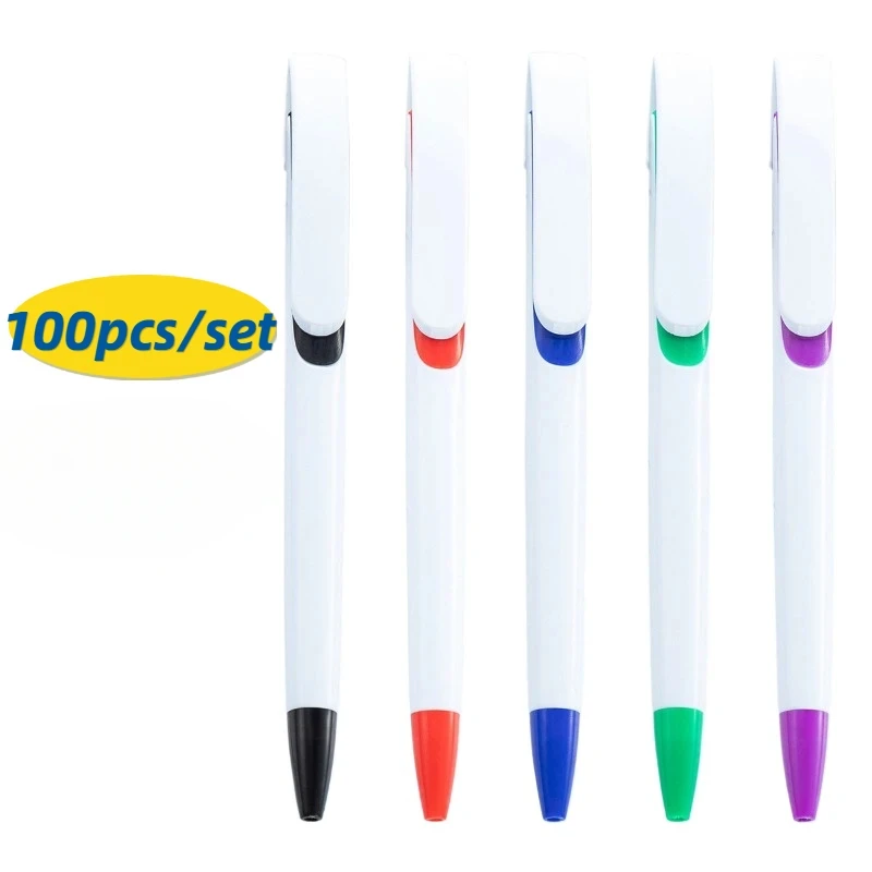 100pcs Large Clip Press Plastic Pen Print Logo Student Ballpoint Pen Advertising Gift Promotional Freebies Pen School Supplies