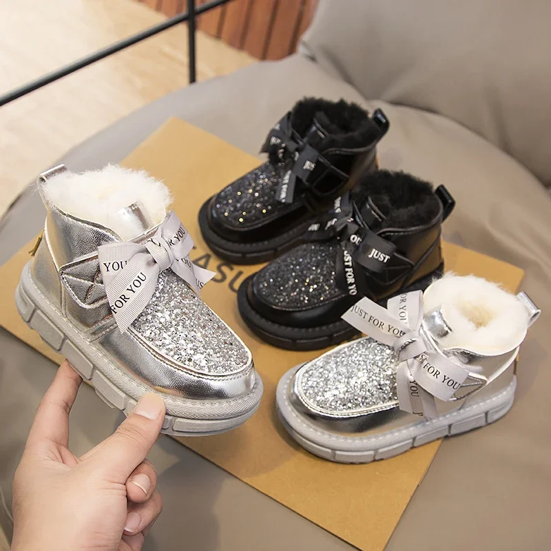 

Winter 2025 Girls Snow Boots Non-slip Pu Leather Boys Cotton Boots Kids Winter Thickened Warm Snow Boots