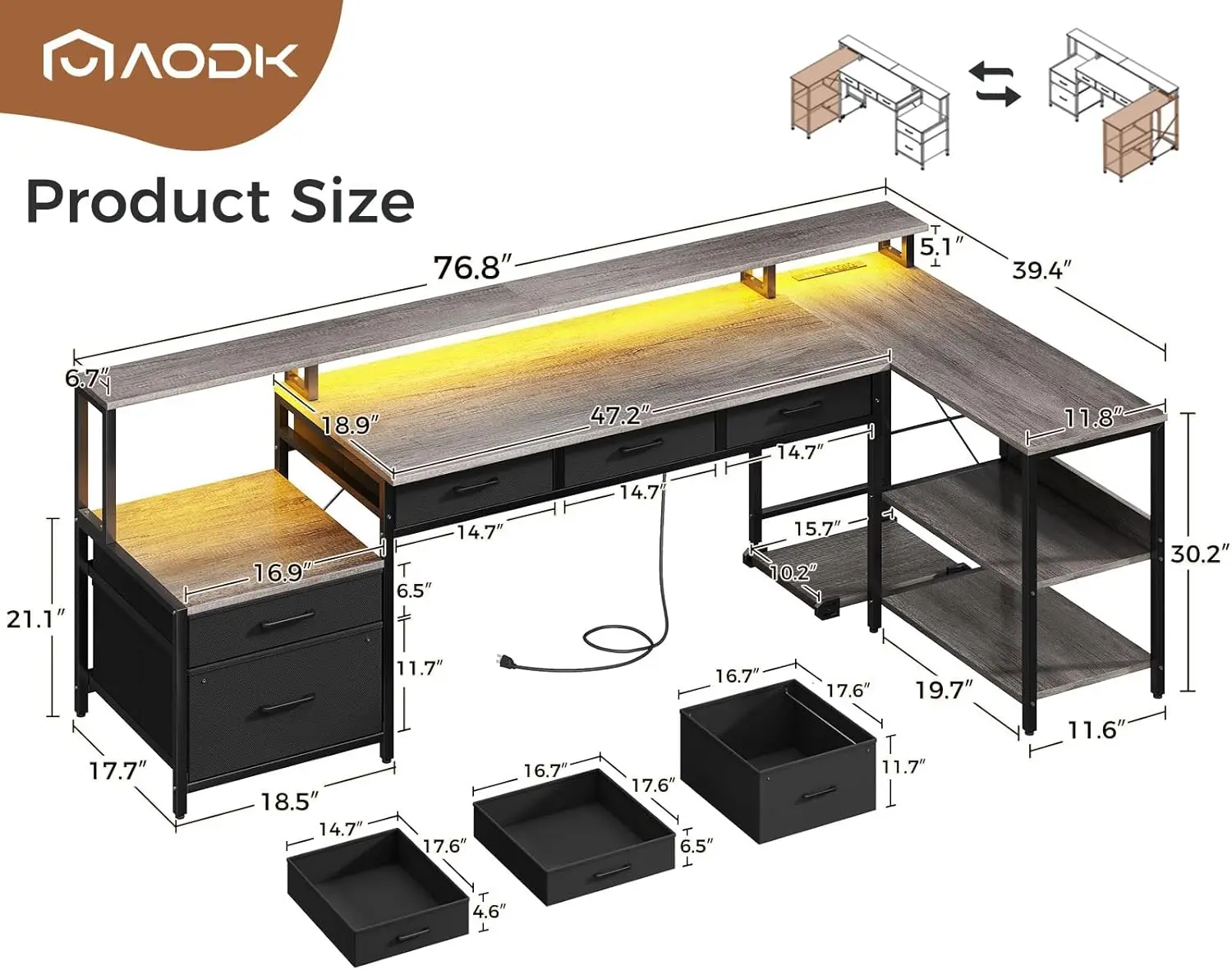 AODK L Shaped Desk with 5 File Drawers, 75" Reversible L Shaped Computer Desk with Power Outlet & LED Strip, Office Desk with