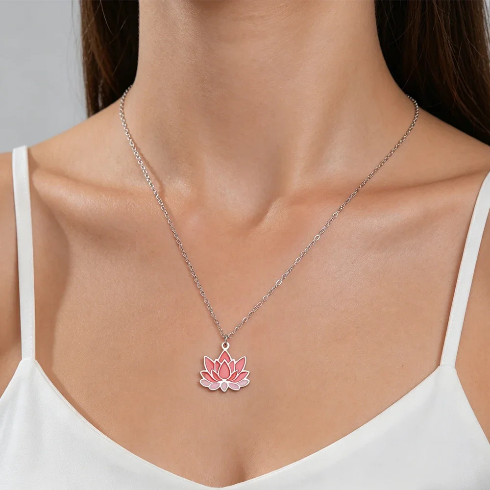 Skyrim Enamel Lotus Pendant Necklace for Women Stainless Steel Gold Color Choker Spiritual Buddhism Amulet Flower Jewelry