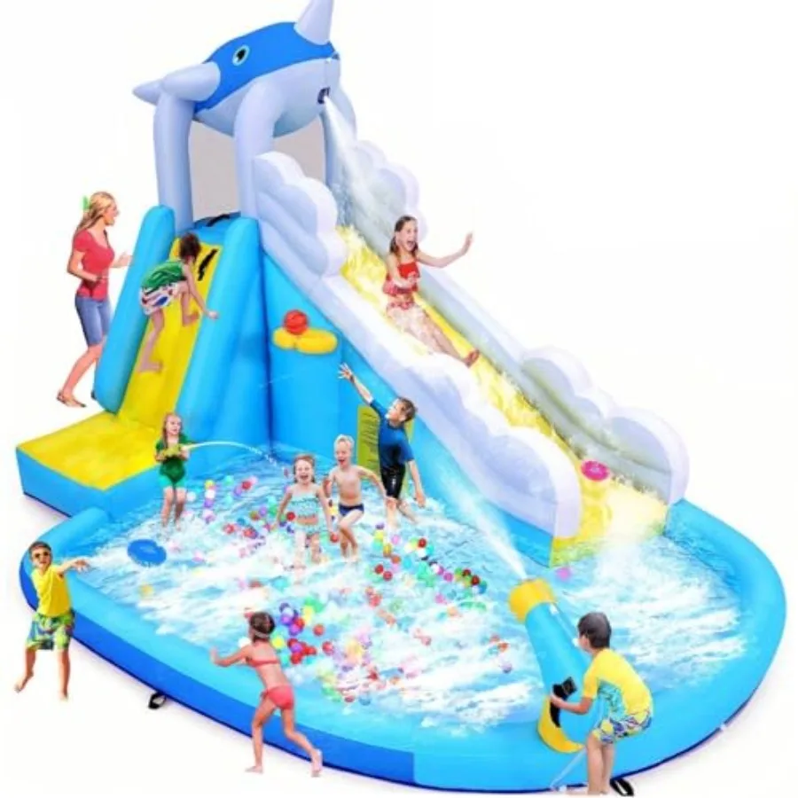 

Whale Blast Adventure Water Bounce House with Slide Inflatable Water Slides for 3-12 Blue Pool Climbing Wall Slide Backyard Wat