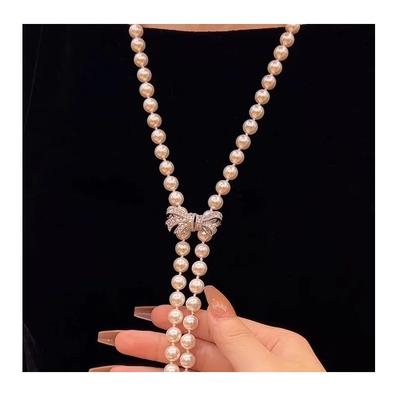 French Long Style Elegant One Multi-wear Pearl Necklace Bow Buckle Pearl Necklace Fashion Temperament Versatile Jewelry