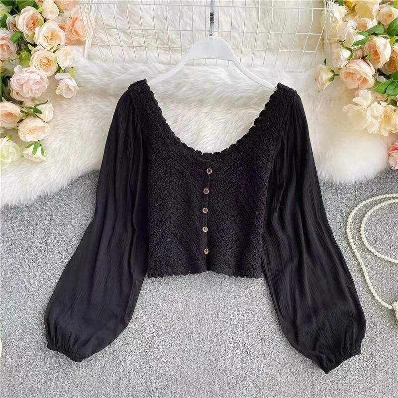 OUMEA Women Cotton Crochet  Blouse Fake Buttons Front Summer Puff Chiffon Long Sleeve Casual Solid Crop Shirts French Style