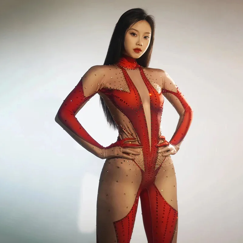 Red Sexy Full Diamond Long-sleeved Jumpsuit Trousers Fake Meat Fake See-through Onesie Bar Onesie Chic and Sweet Evening Dress