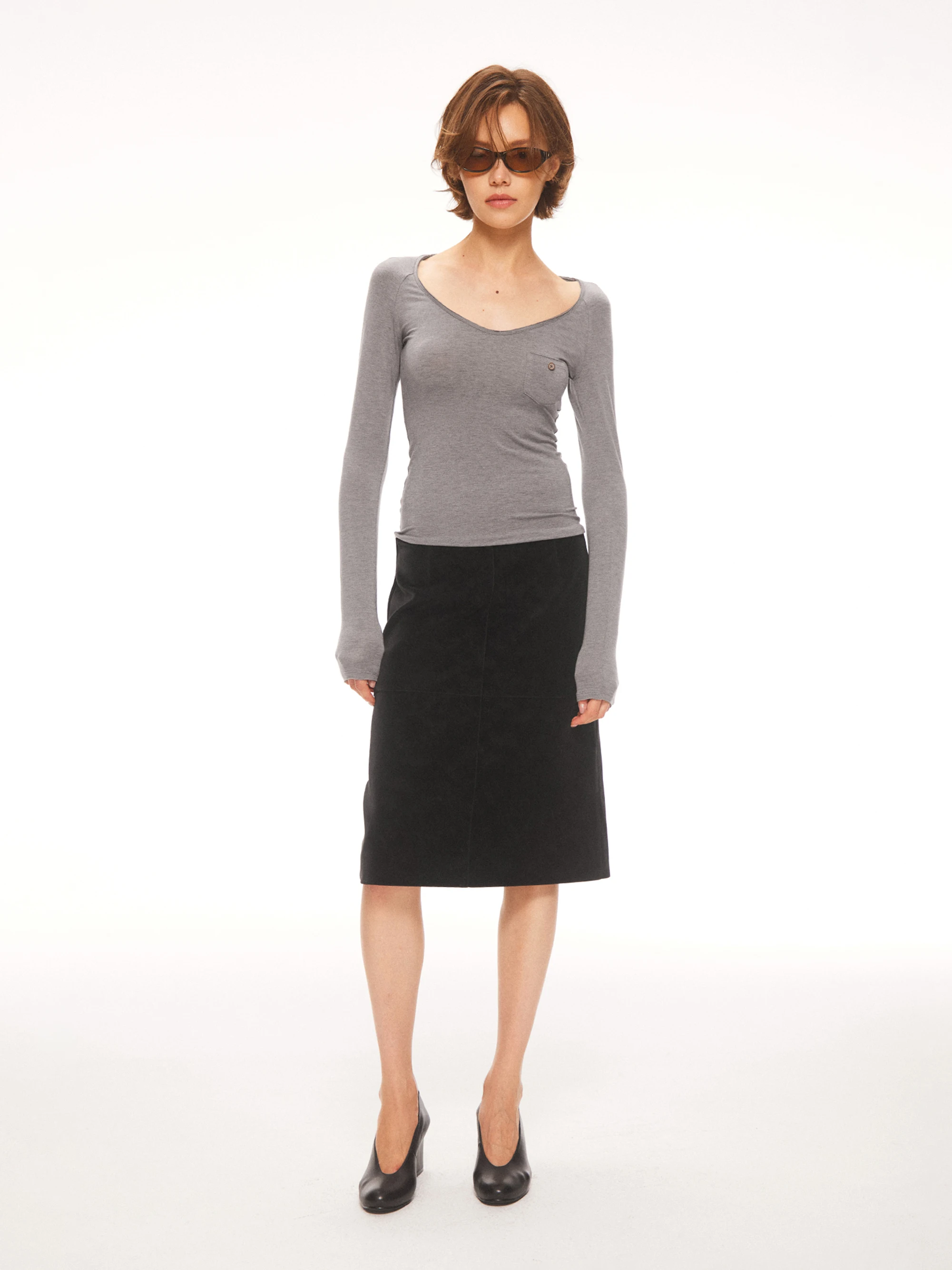 AHNKANK Autumn New Style Women's Long Sleeve Knitted Wool Blend T-shirt Loose V-neck Casual Fit Top U-neck Knitwear