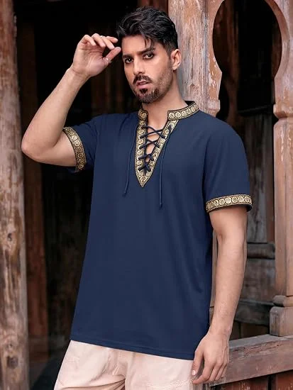 (Without accessories)Mens Medieval Pirate Shirt Cotton Lace Up Renaissance Shirts Viking Retro Scottish Halloween Costume Tops