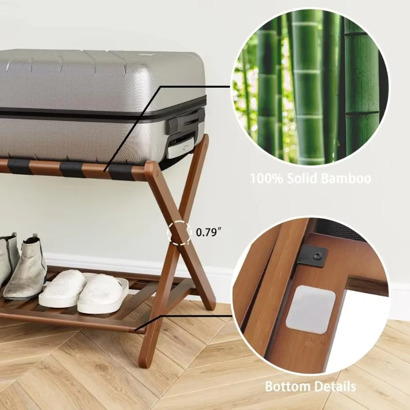 

Fully Assembled Walnut Bamboo Luggage Rack, The folding luggage rack with Shoe Shelf&5 Straps, for Guest Room, Hotel&Bedroom