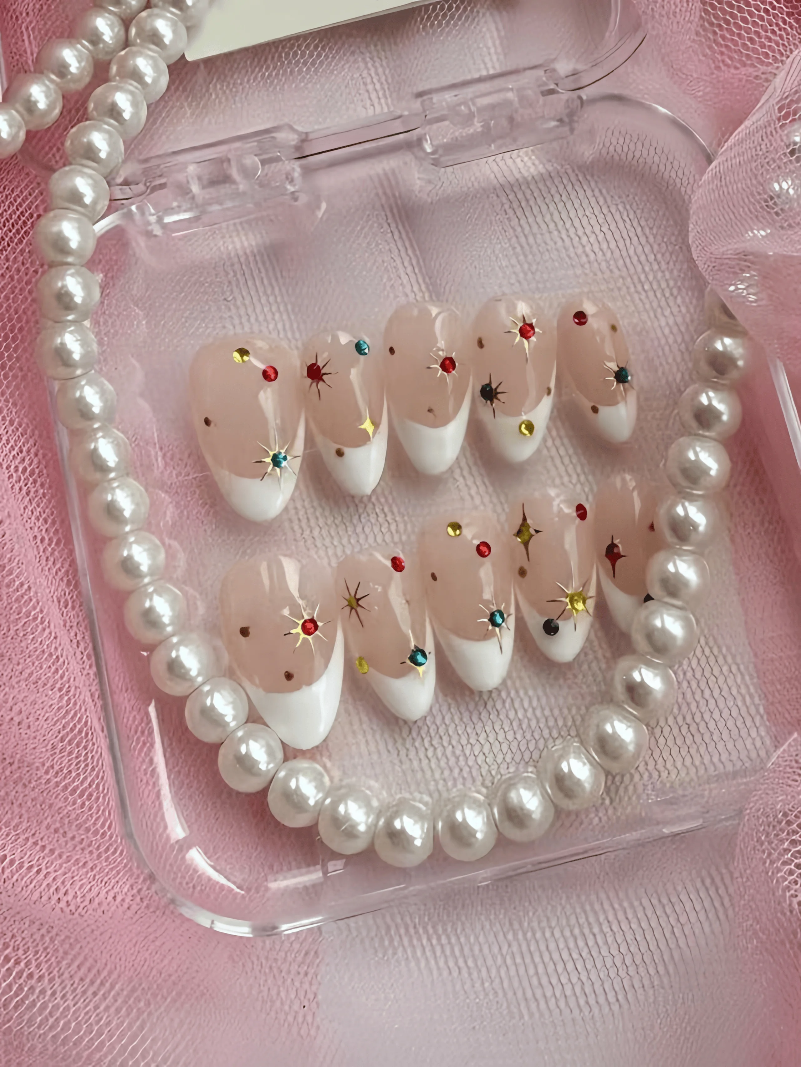 10 Pieces of Handmade Almond-Shaped Full-Cover Nail Tips, Medium Length, Milky White French Style + Nude Pink Gradient + Colorful Starry Color Scheme, Delicate Girly Style, Suitable for Spring Weddings, Bridesmaids, Date Nights, Graduation Photos, Sweet Daily Looks, Recommended as a Gift, Includes 1 Piece of Jelly Glue and 1 Nail File