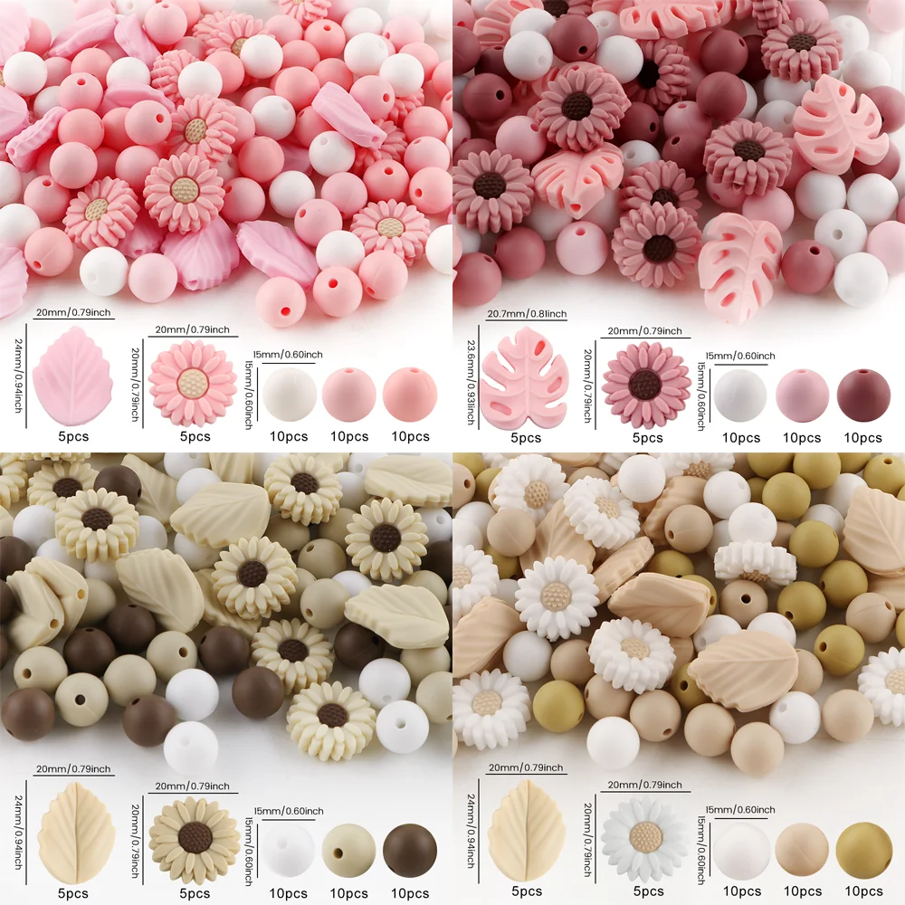40 Stück neue Silikon-Perlen in Gänseblümchen-/Blatt-/Rundform für die Schmuckherstellung, Halskette, Armband, Ohrringe, DIY, personalisiertes Zubehör