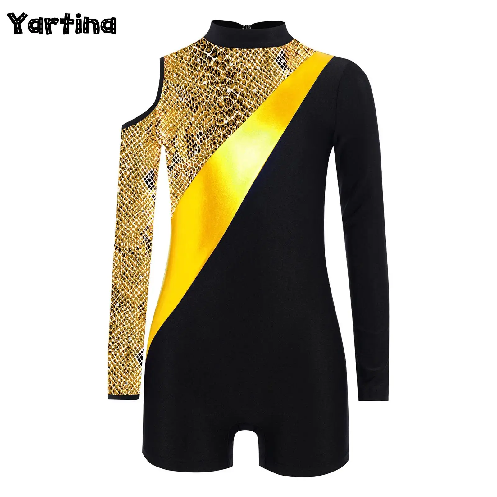 

Kids Girls Gymnastics Ballet Jersey Dance Leotards Biketards Jumpsuit Shiny Rhinestones Print Bodysuit Figure Skating Costume
