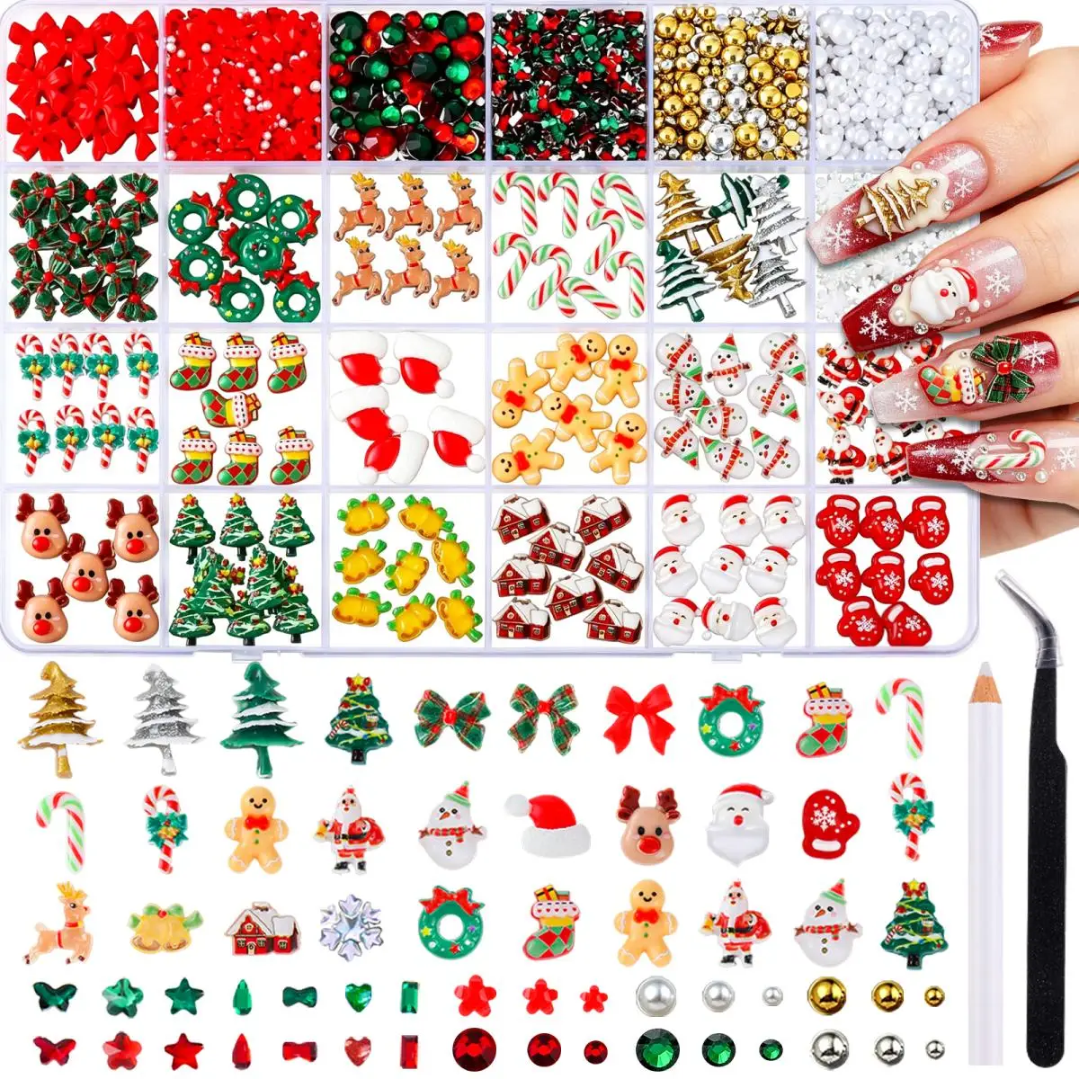 1Box Cartoon Creative Elk Santa Claus Gloves Bow Nail Art Decorations Cute Socks Bell Resin Nail Charms for DIY Christmas Nails