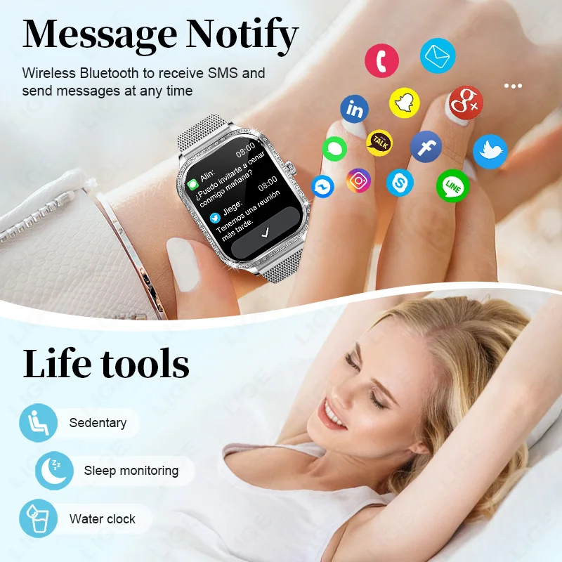 Lige novo smartwatch feminino 1.75 polegadas tela bluetooth chamada monitoramento de oxigênio no sangue senhora relógio à prova dwaterproof água relógio inteligente feminino 2024