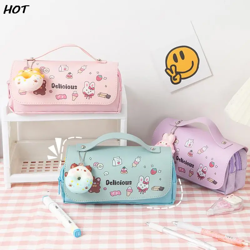 Cute Cat Large Capacity Stress Relieving Pencil Case Big Pencil Box Portable Girls Pen Bag Double Layer School Cosmetic Bag