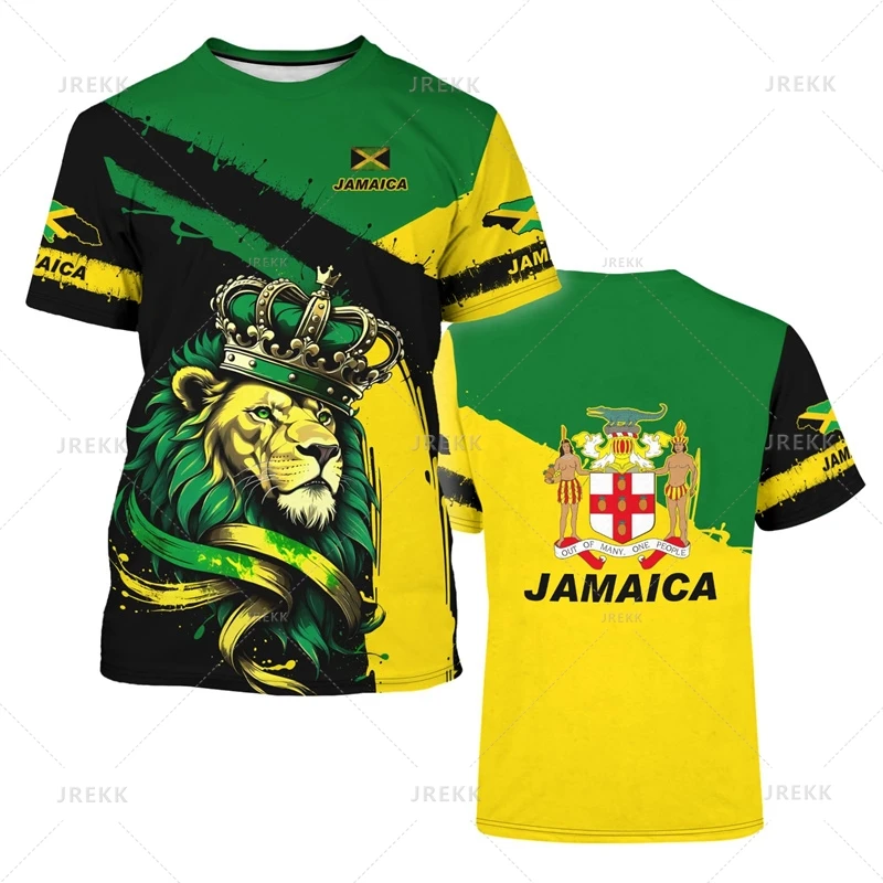 Jamaica Flag Graphic T-Shirt Men's Lion 3d Printed Crewneck Short Sleeve Casual Sports Tops Tees Summer Oversized T Shirts