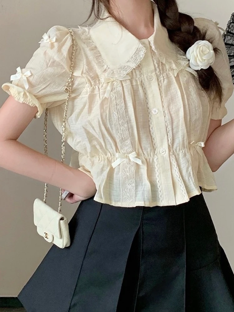 Sweet Blouses Women Lolita Style Kawaii Bow Puff Short Sleeve Crop Tops Girls French Lace Peter Pan Collar Shirt Summer Clothes