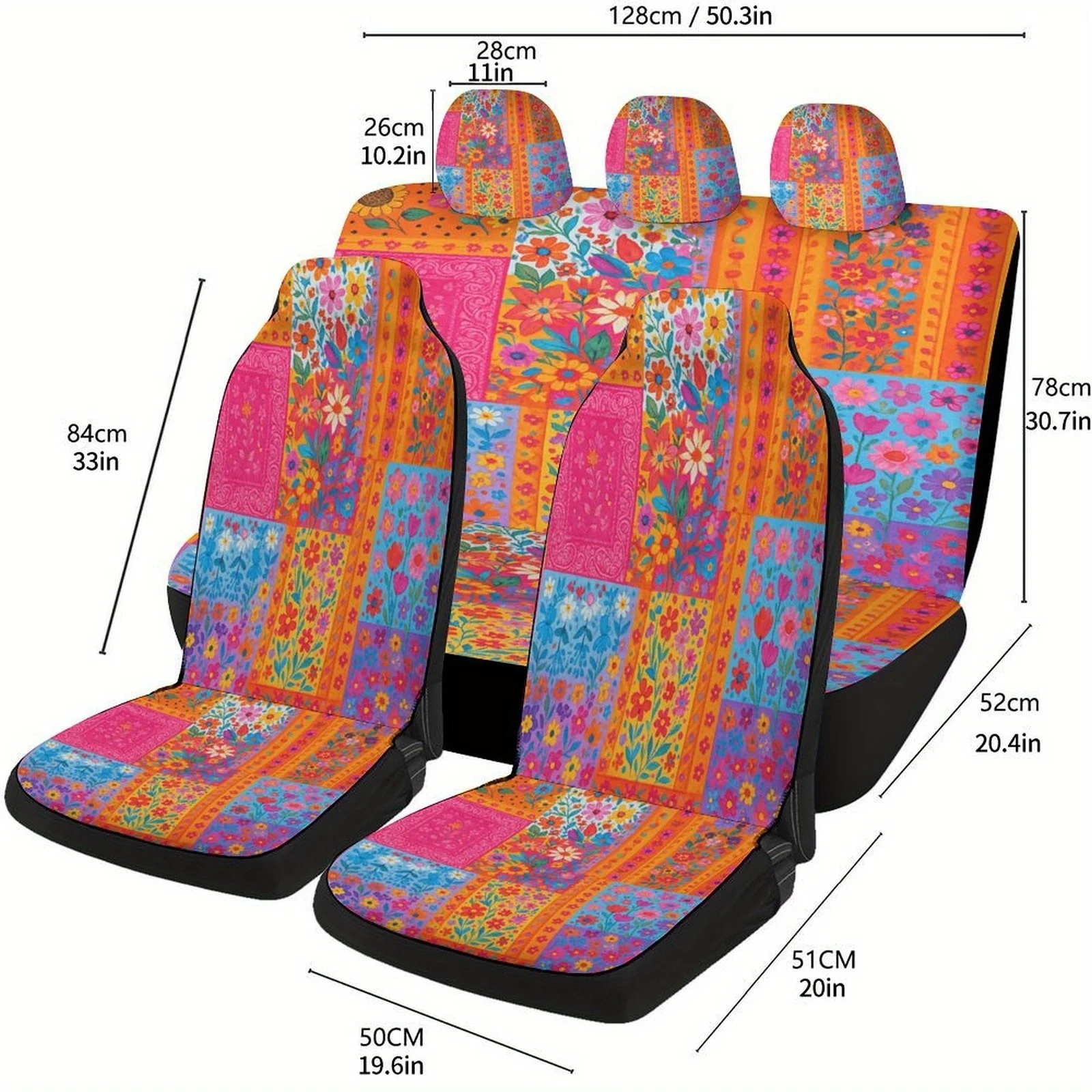 

Floral Retro Ethnic Themed Car Seat Cover Set For Most Cars, Decorative Trendy High-quality Car Seat Protector Covers Full Set,