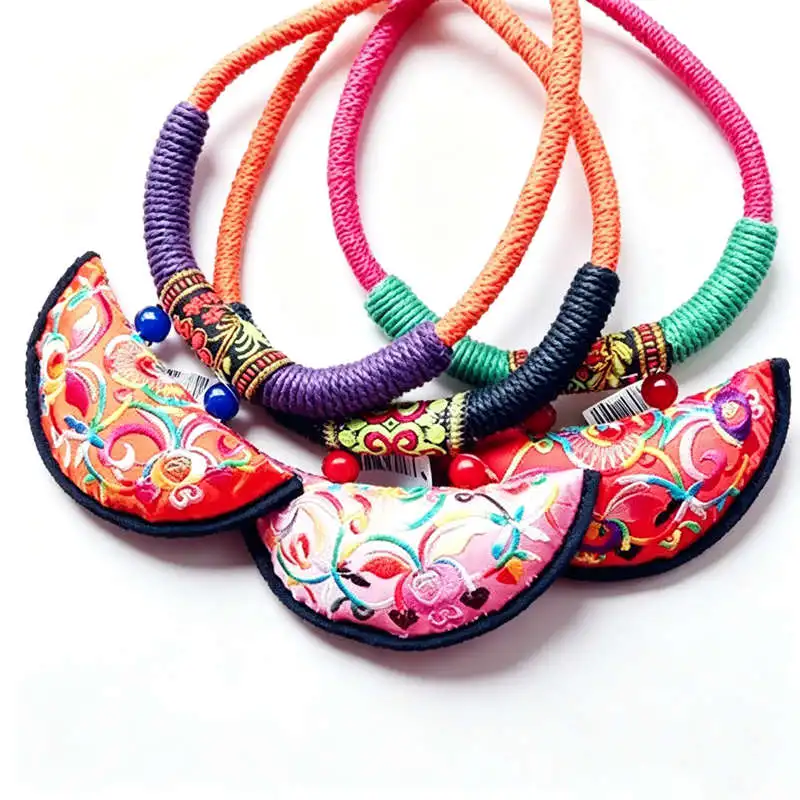 Mix 10PCS Miao Ethnic Handmade Embroidered Half Moon Fragrant Bag Collar Necklaces TNL147