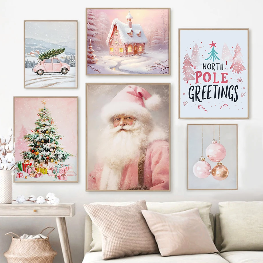 Pink Santa Claus Christmas Tree Decoration Printed Gifts Wall Art Canvas Painting Nordic Poster Home Living Room Decor