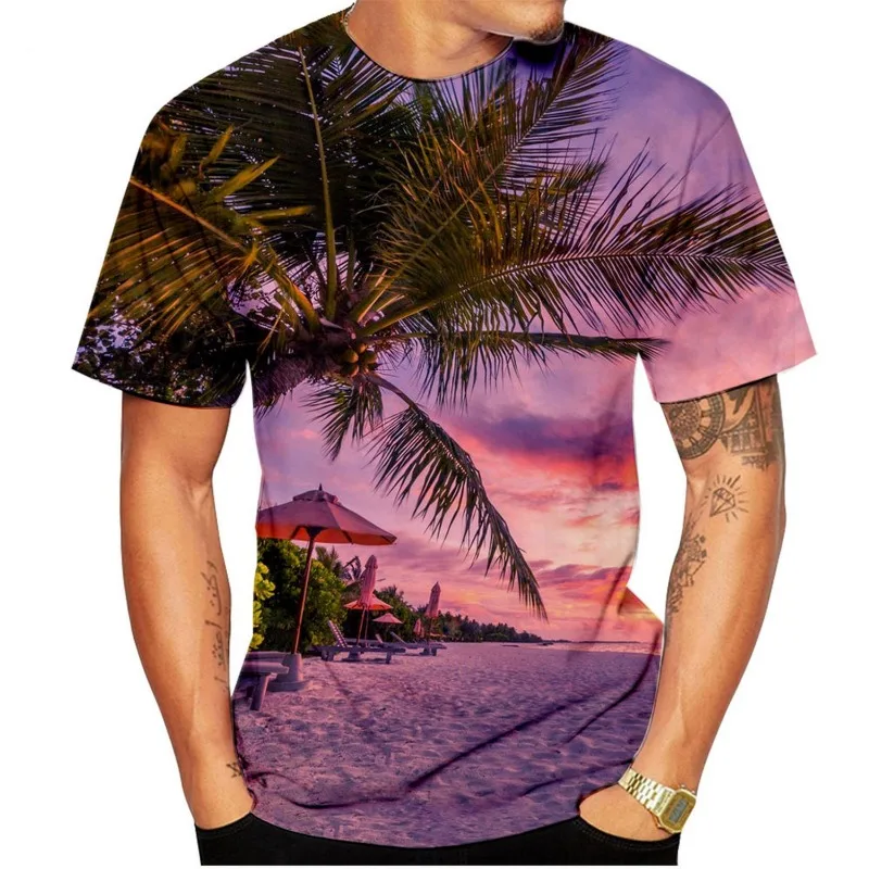 2024 New Summer Palm Tree Pattern T-Shirt Men Fashion Nature Pattern T-Shirt Outdoor Casual 3D Printed Short Sleeve T-Shirt