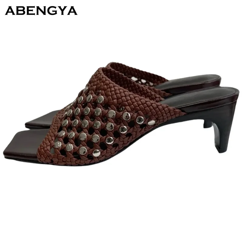 2026 Summer Sexy Leather Slippers Women Square Toe Rivet High Heel Dress Shoes Fashion Party Vacation Beach Walking Shoes Women