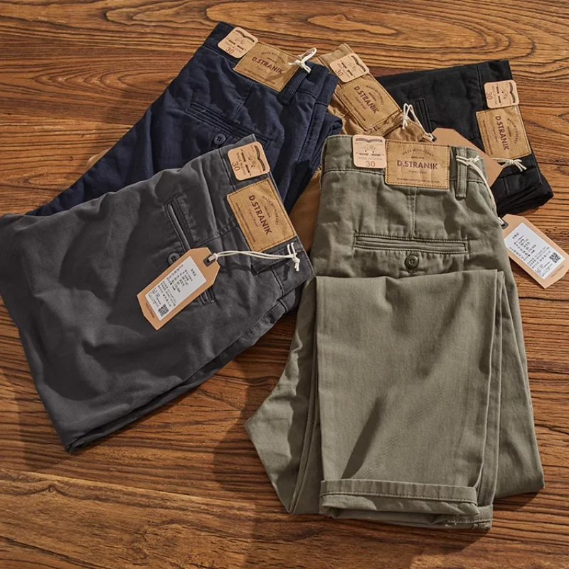 May Khaki American Retro Simple Cargo Pants Men's Heavy Chino Casual Pants Straight Leg All Matching Tapered Pants