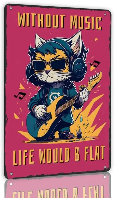 Funny Cat Music Tin Sign Without Music Life Would B Flat Retro Metal Sign for Home Bar Cafe Club Music Room Wall Decor 8x12 inch