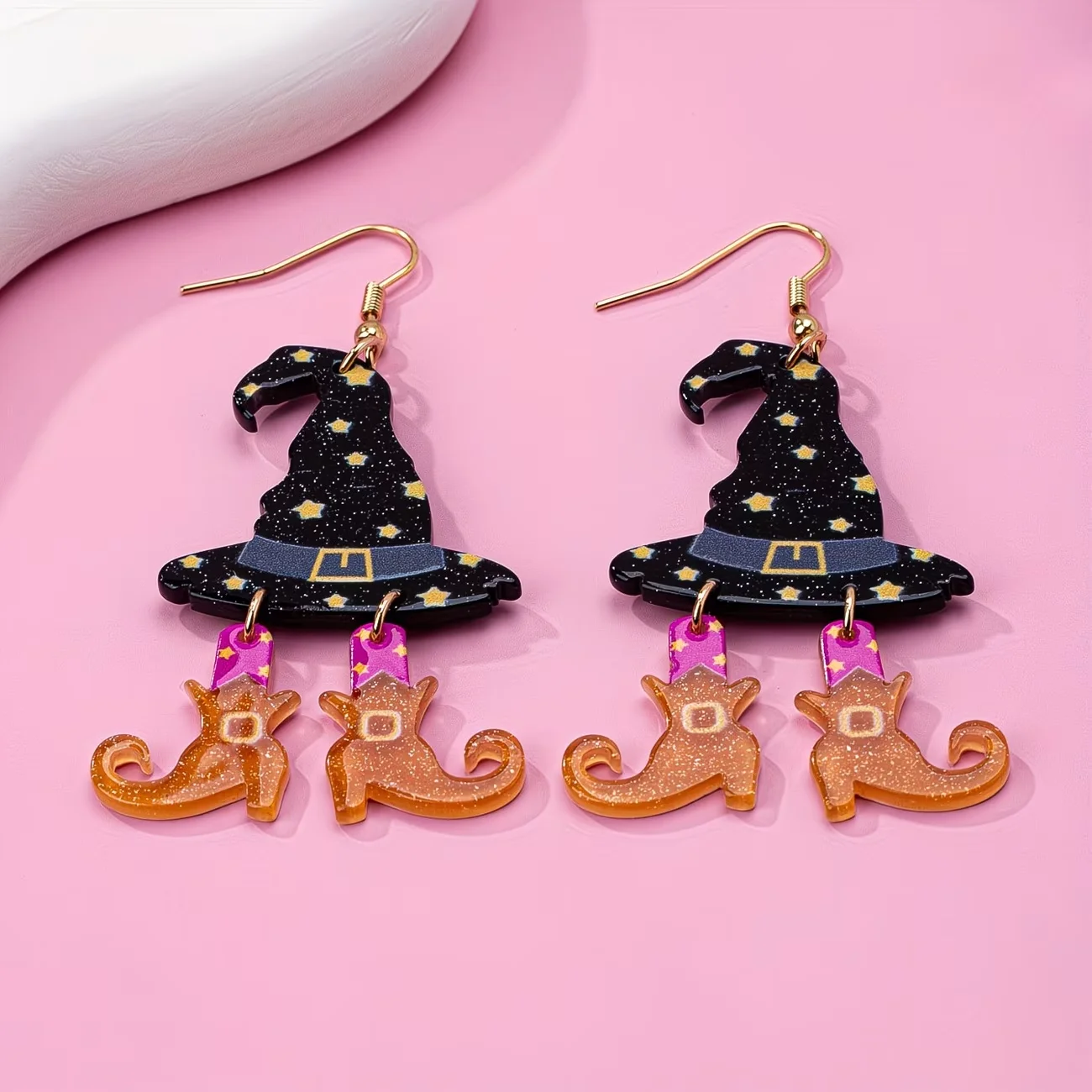 A Pair of Stylish Dangling Earrings Designed with Halloween-Themed Witch Hats And Boots, Perfect for Festive Parties