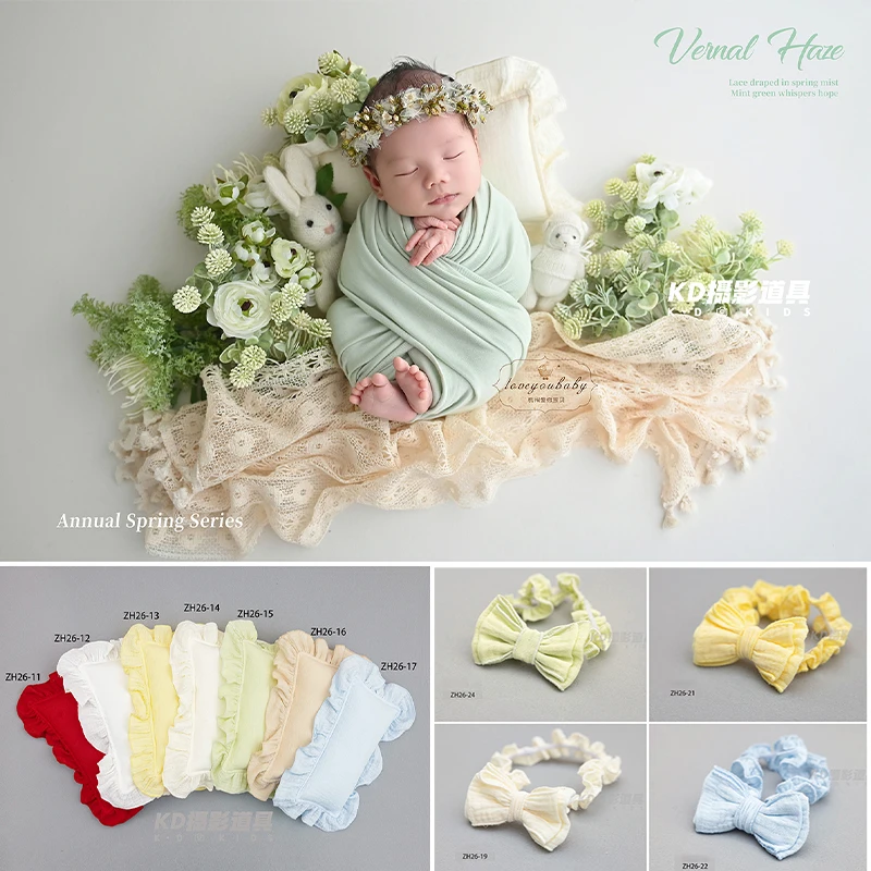 

Newborn Photography Props Soft Muslin Bow Headband, Ruffle Pillow & Knit Bonnet Hat, Cute Baby Photo Shoot Outfit for 0-2 Months