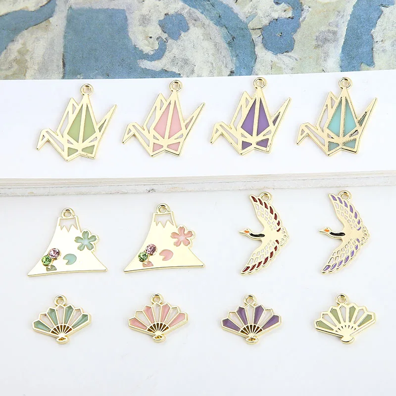 1pcs Alloy Drip Oil Thousand Paper Crane Fan Crane Flower Rhinestones Pendant Diy Handmade Jewelry Earrings Material Charms