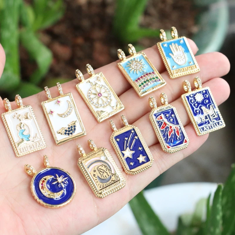 

5PairEnamel Tarot Cards Sun Star Moon Evil Eye Heart Hand Charm Pendant,18K Gold Plated Bracelets Necklaces Jewelry Accessories