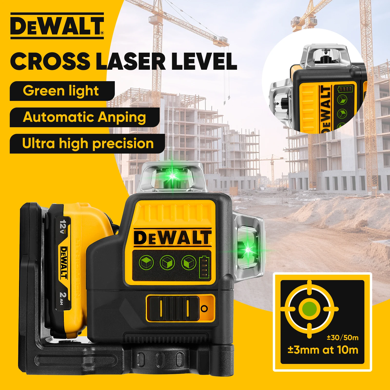 Dewalt DW089LG 3 Sides*360 Degree Vertical 12 Lines Laser Level Horizontal Green Light Level Meter Outdoor