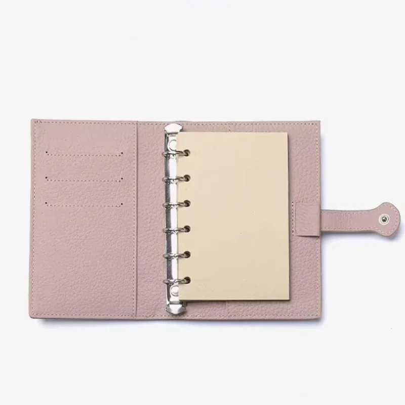 Mini A7 Leather Loose Leaf Notebook, 6-Ring Refillable Organizer with Card Pockets and Snap Closure for Work, School and Travel