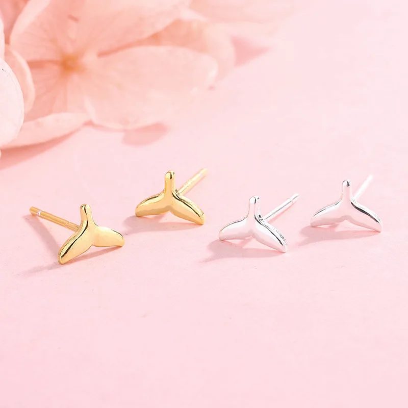 Tiny Mermaid Tail Stud Earrings for Cute Women Girls 925 Sterling Silver Small Whale Studs Nautical Ocean Jewelry, Gifts for Her