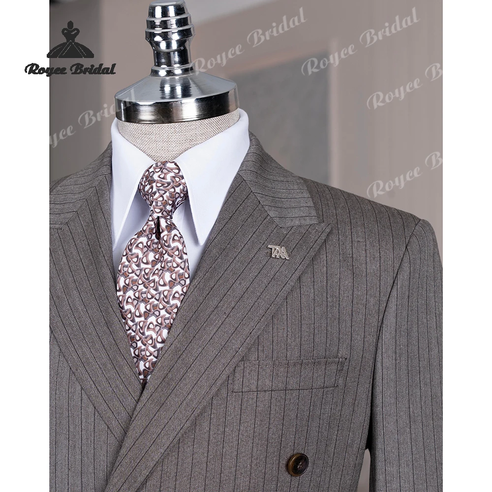 Braun gestreifter zweiteiliger Herrenanzug mit spitzem Revers, Hochzeit 2026, zweireihiger Business-Anzug, maßgeschneidert für Herren