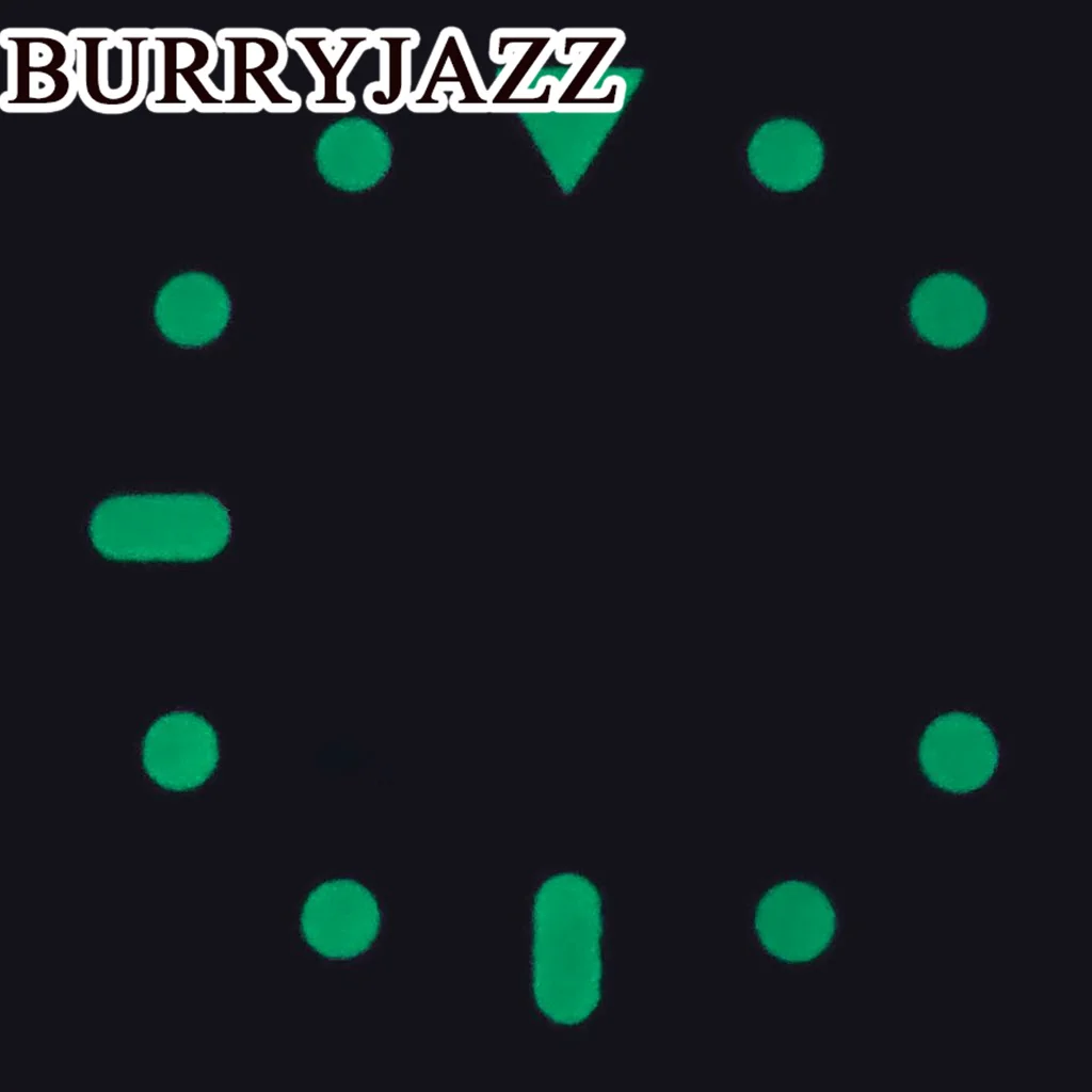 BURRYJAZZ 28.5 ملم بدون شعار NH36 قرص الساعة أسود أحمر مينا أخضر مضيء مناسب 3 الساعة 3.8 ساعة تاج