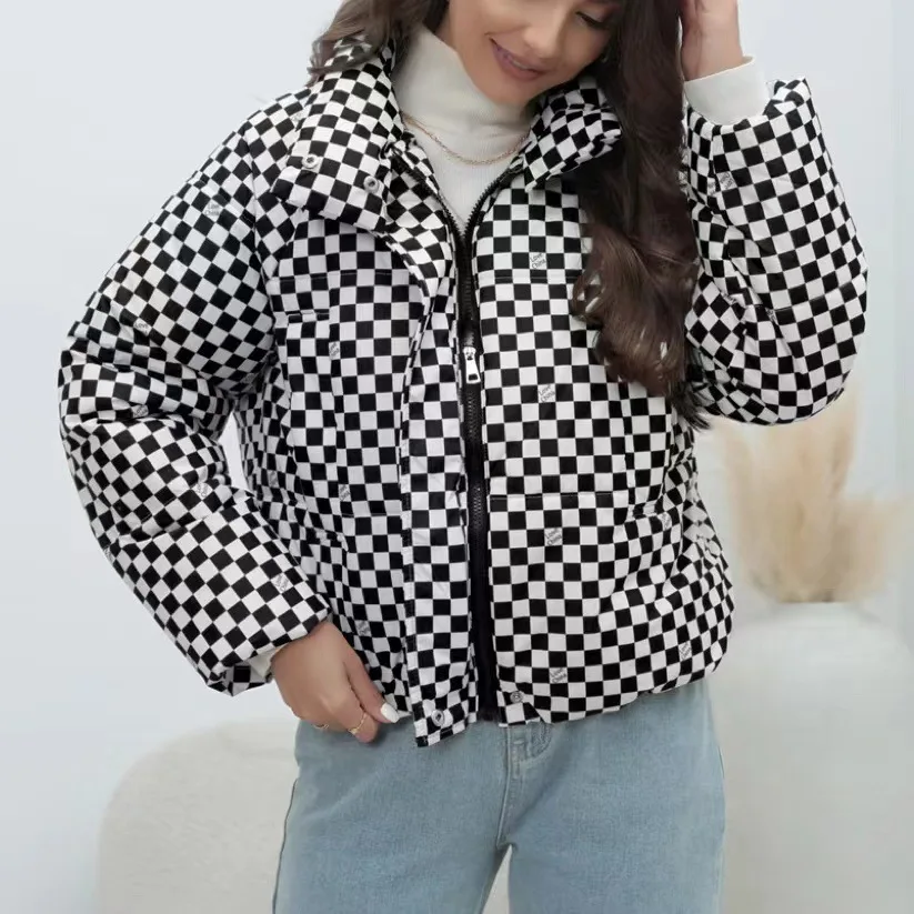 سترة قطن دافئة غير رسمية موضة شتاء جديدة بياقة واقفة وسحاب وأكمام طويلة سترة خبز قصيرة معطف منقوش مطبوع للنساء #5