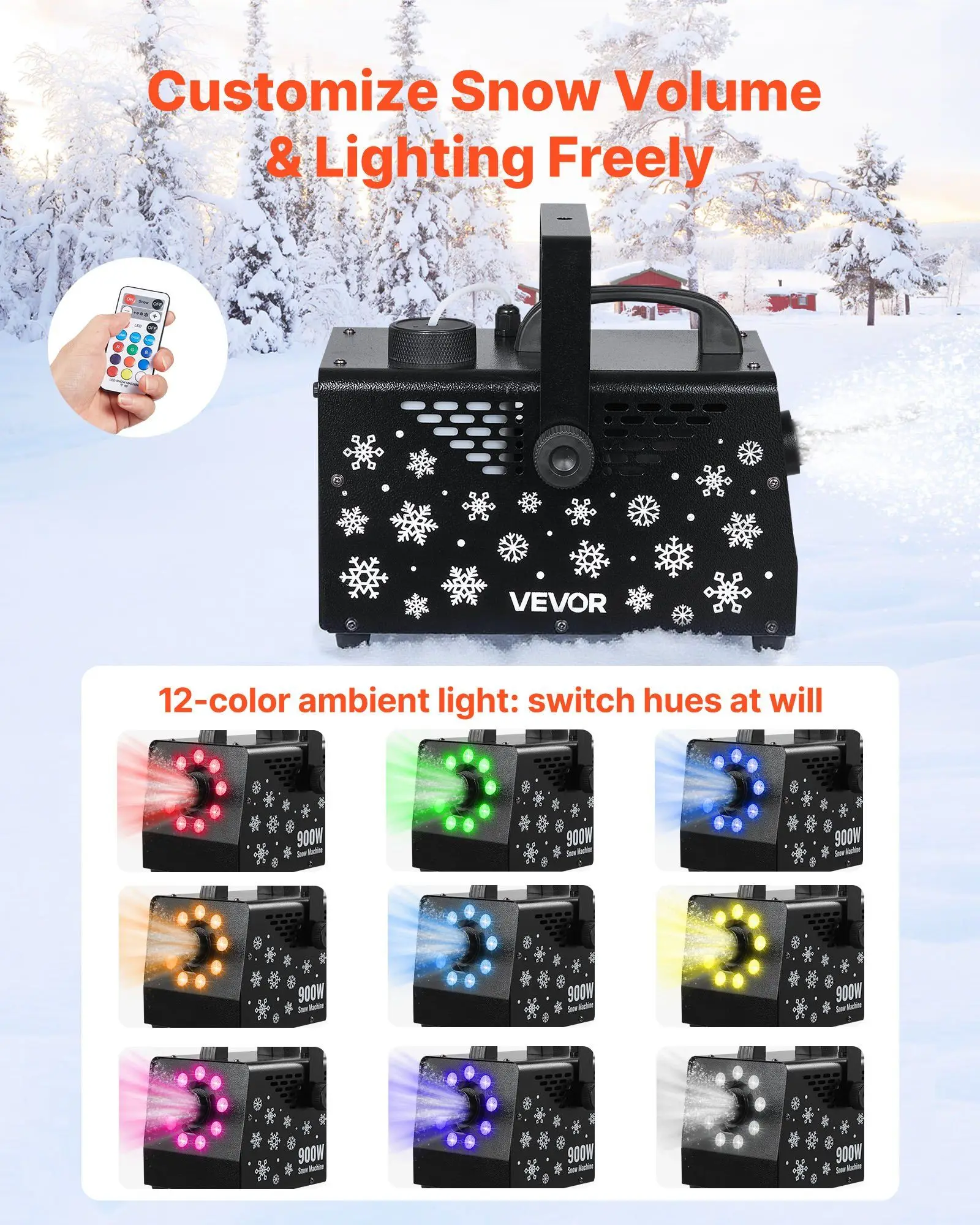 900W sneeuwmachine met 9LED RGB-verlichting en draadloze afstandsbediening 12LED-verlichtingskleuren voor kerstfeest, bruiloft en podiumdecoratie