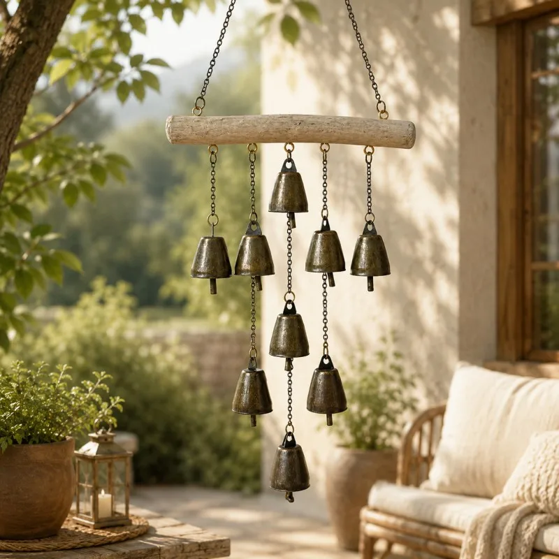 Vintage Bronze Metal Wind Chime The Sturdy Metal Hanging Chain Ensures Durability with Wood Crossbeam and Distressed Bell