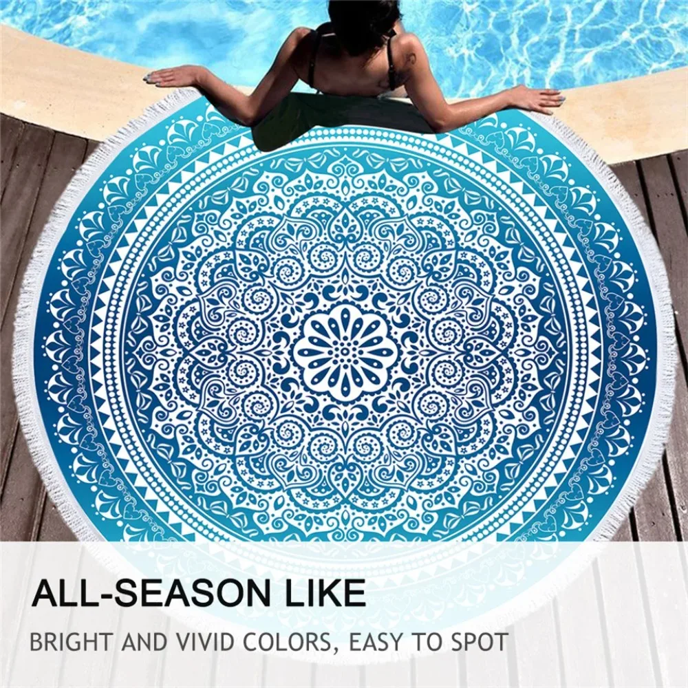 BeddingOutlet Bohemian Round Beach Towel Sky Blue Tassel Mandala Tapestry Yoga Mat Floral Toalla Sunblock Boho Blanket 150cm