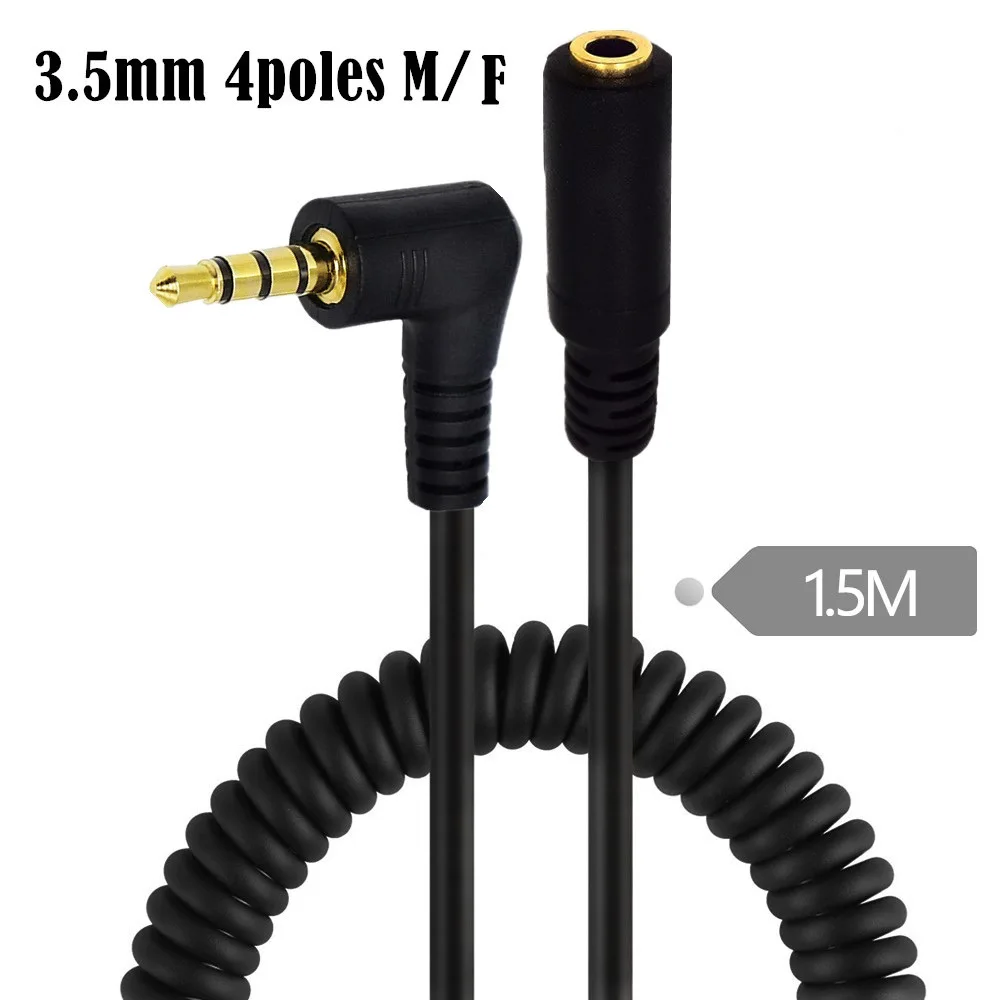 1pc 5FT 3.5mm 4 Pole Right Angled Male to 3.5mm Female 4 Poles TRRS Coiled Spiral Adapter Audio Connector Cable Gold Plated