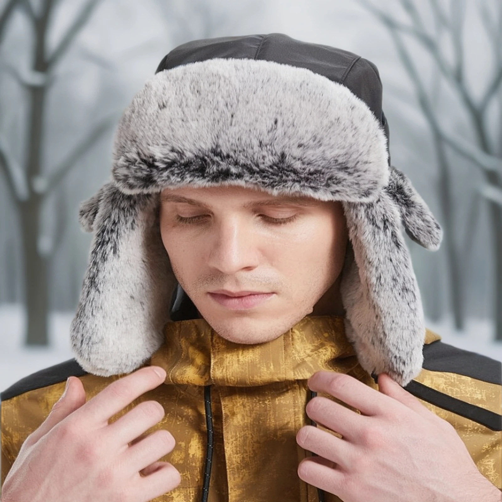 Winterwarme Bombermütze für Männer und Frauen, Schneekappe, Kunstpelz, russische Uschanka-Trapper-Hüte mit Ohrenklappen für Outdoor-Jagd, Skifahren – Detail 3