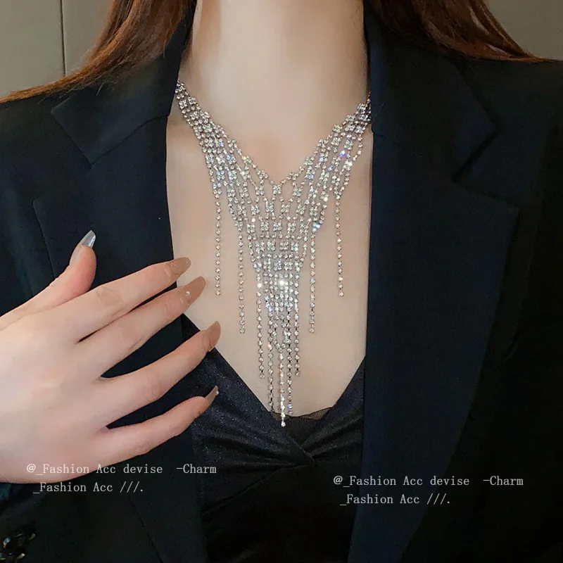 

Geometric Statement Necklace with Crystal Rhinestone and Elegant Tassel Drop Unique Y-Drop Luxury Jewelry Gift for Women