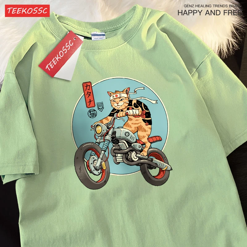 Japanese Harajuku Motorcycle Cat Tops Man Casual Oversize T Shirt Cotton Summer Casual Cartoon Crewneck Loose T Shirts Couple view 3